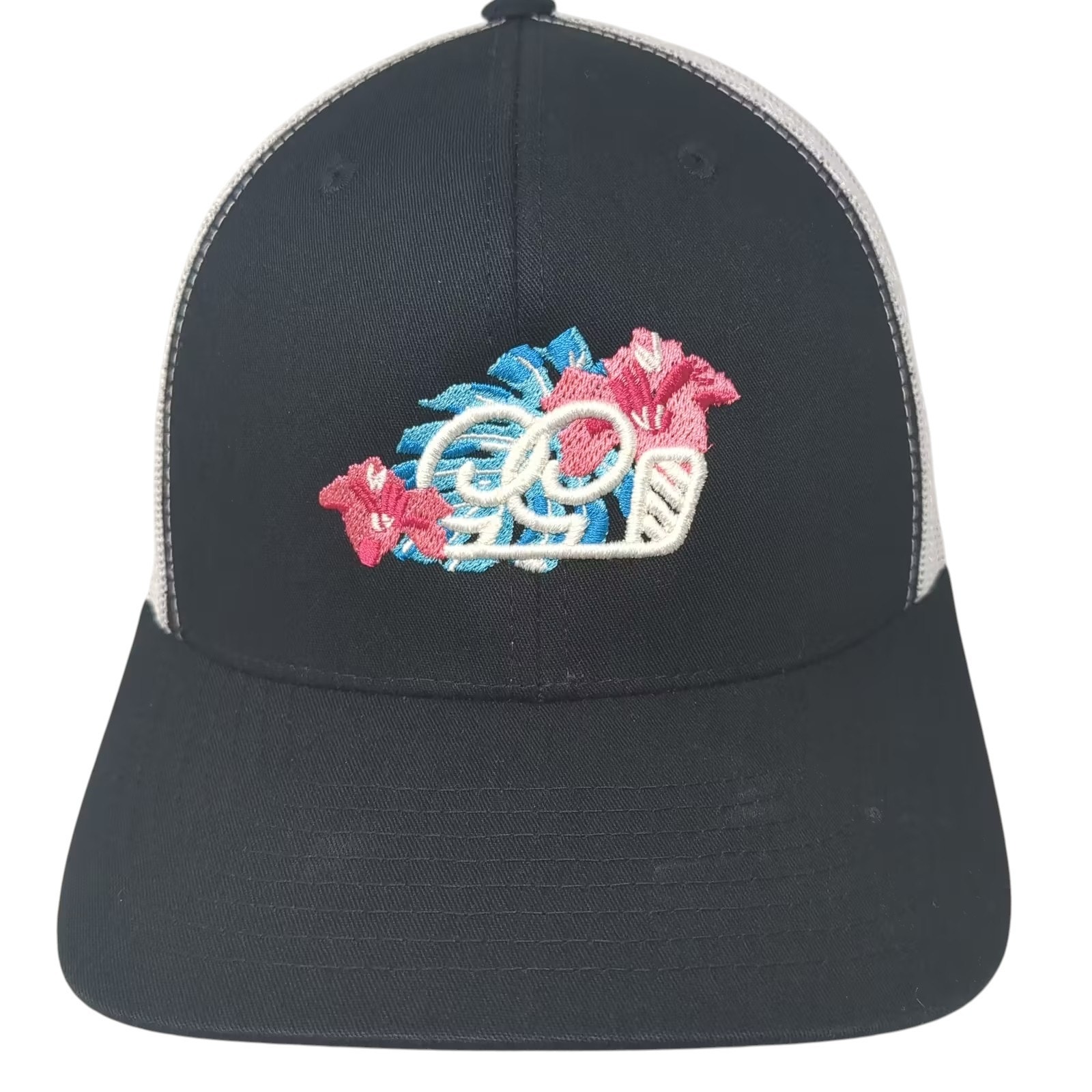 Yupoong Trucker Hat Black White Os Tropical Golf Floral Embroidered Adjustable